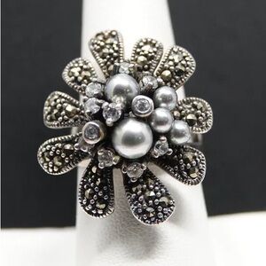 Size 8 Sterling, Pearl , Crystal and Marcasite Ring.